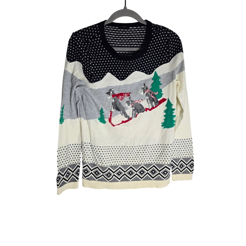 Talbots Women's Medium Dog Sled Sweater Christmas Winter Cozy Warm White Blue